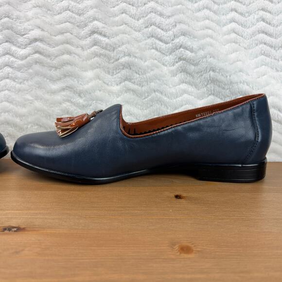 Trotters Womens Liz Tassel Loafers Navy Leather Brown Comfort Flat Shoes Sz 8M - Picture 9 of 11